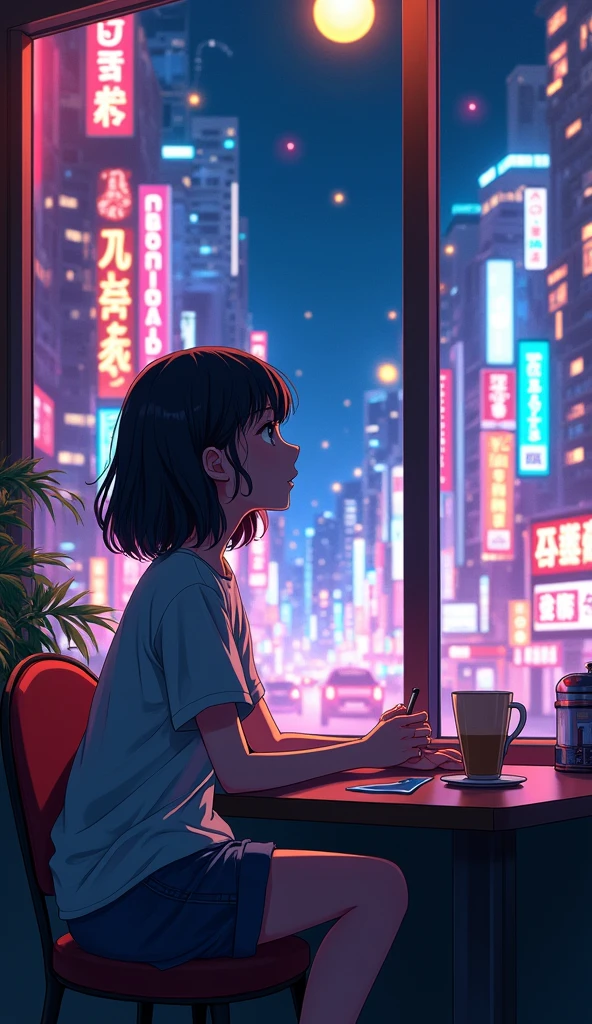 Outside the window is a neon city、night、Anime Style、coffee、One girl,
