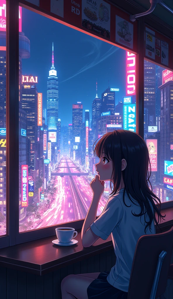 Outside the window is a neon city、night、Anime Style、coffee、One girl, 