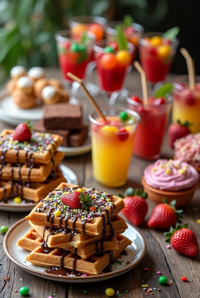 It would be an image with a table full of snacks which would be: Waffles with chocolate and Nutella and colored sprinkles, gelatin with gummies, Strawberry skewers with marshmallow, Chocolate Brownies, Creole potato with sausage and sauce, mini sandwiches, and avocado canape. EVERYTHING HAS TO BE SEEN ON THE TABLE PLEASE