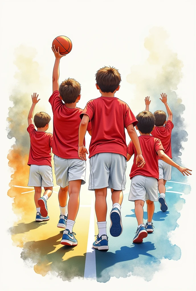 freehand drawing, watercolor illustration. Magazine cover, Boys and girls doing athletics. Dressed in red short-sleeved t-shirts, white and blue, white shorts and white sneakers.