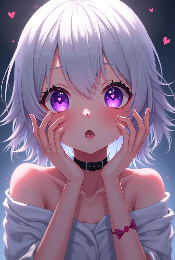 1 girl,Heart-shaped pupils,toenails,hands on own face,White hair,purples eyes,(blush:1.1),choker,trunk,shivering,sweat,sweatdrop,Heart,(speed lines:1.1),medium breasts, ((Heavy breathing:1.3)), Amemos, Heart, top cut, glad, ssmile,exposed tits