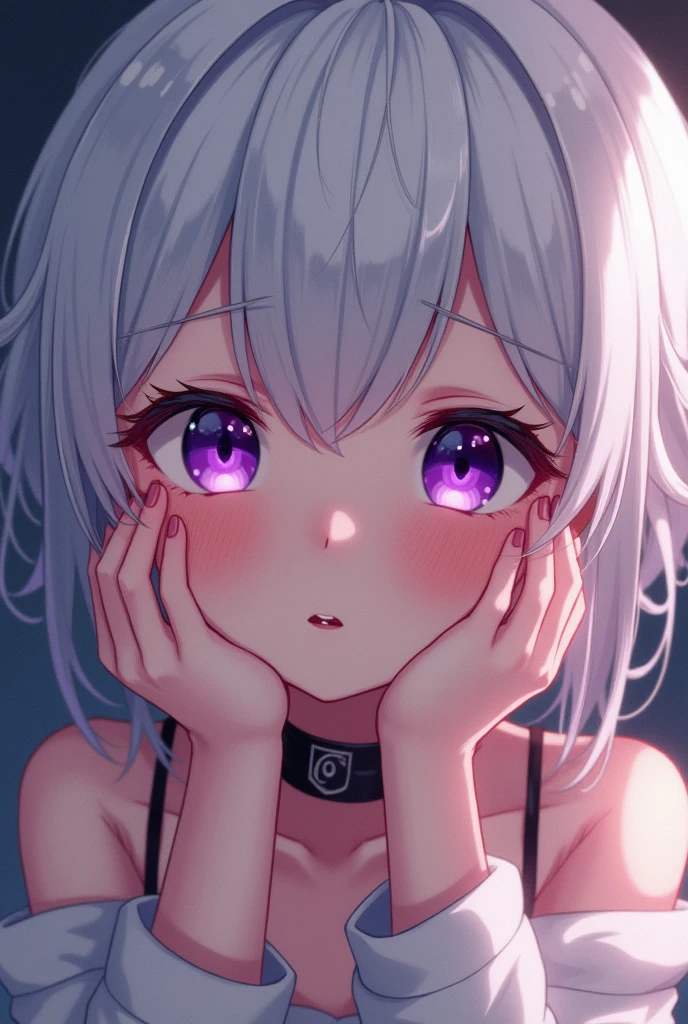 1 girl,Heart-shaped pupils,toenails,hands on own face,White hair,purples eyes,(blush:1.1),choker,trunk,shivering,sweat,sweatdrop,Heart,(speed lines:1.1),medium breasts, ((Heavy breathing:1.3)), Amemos, Heart, top cut, glad, ssmile,exposed tits