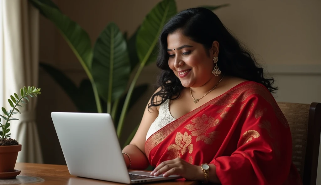 Hot a chubby indian wife wearing read saree and white bra with hug boobs sitting in table and using laptop, sexy chubby figure