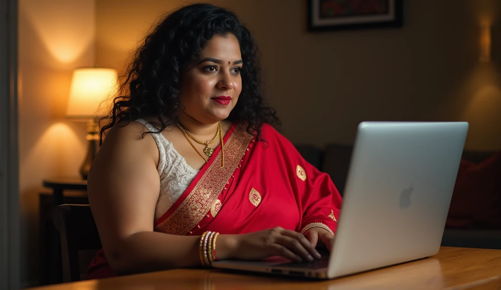 Hot a chubby indian wife wearing read saree and white bra with hug boobs sitting in table and using laptop, sexy chubby figure 