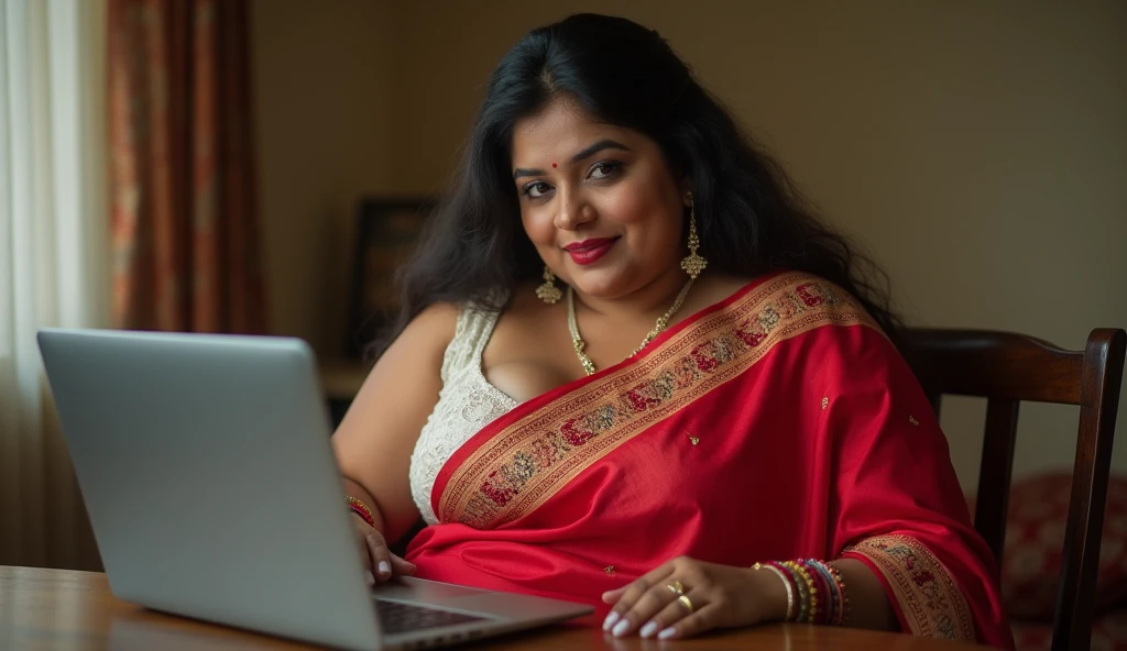 Hot a chubby indian wife wearing read saree and white bra with hug boobs sitting in table and using laptop, sexy chubby figure 