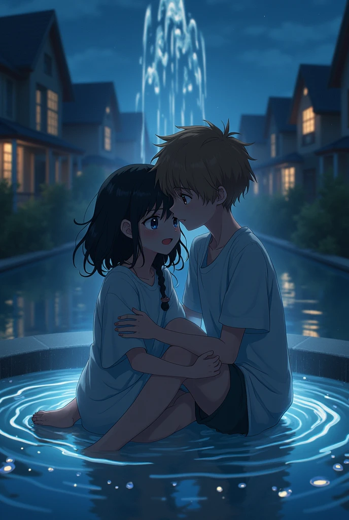 Make me an anime-like image with a girl with dark, wavy hair, crying on the shoulder of a boy with brown hair and light eyes he is comforting her and both are sitting in a water fountain with houses around them lonely and at night, with lights around it, similar to a fairy tale 