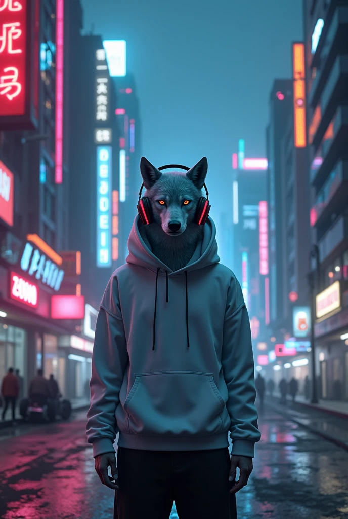 Lonely wolf wearing white hoodie and headset on cyberpunk city at night with city light