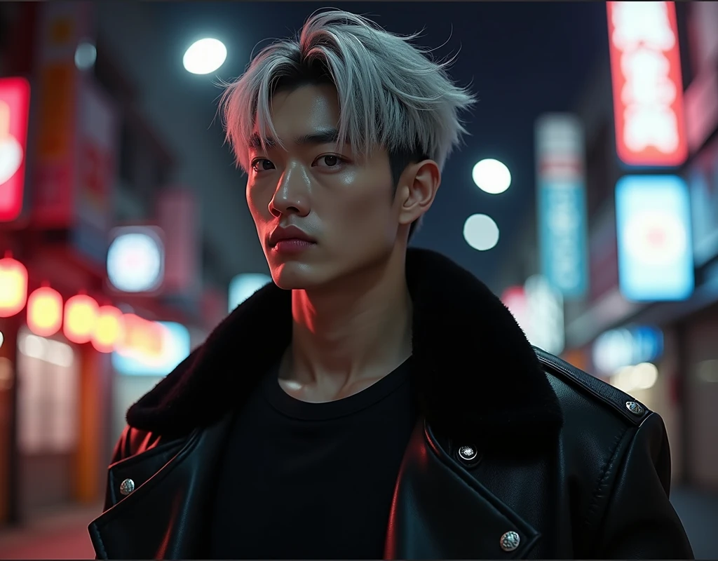 "A young Korean man with a serious and intense expression. He has platinum hair with black roots. ,short with a slight wavy touch, falling gently on the forehead. His face is striking, with sharp features and expressive dragon-like eyes that reflect depth and introspection. He's tall and strong, your muscles show on your shirt, He wears a black leather coat, matching with a simple t-shirt and dark pants. Jyungi is in a nighttime urban setting, with neon lights in the background, that highlight its stripped-down and mysterious look. The pose is relaxed, but his presence is strong and carries an air of arrogance, Melancholy and mystery."
