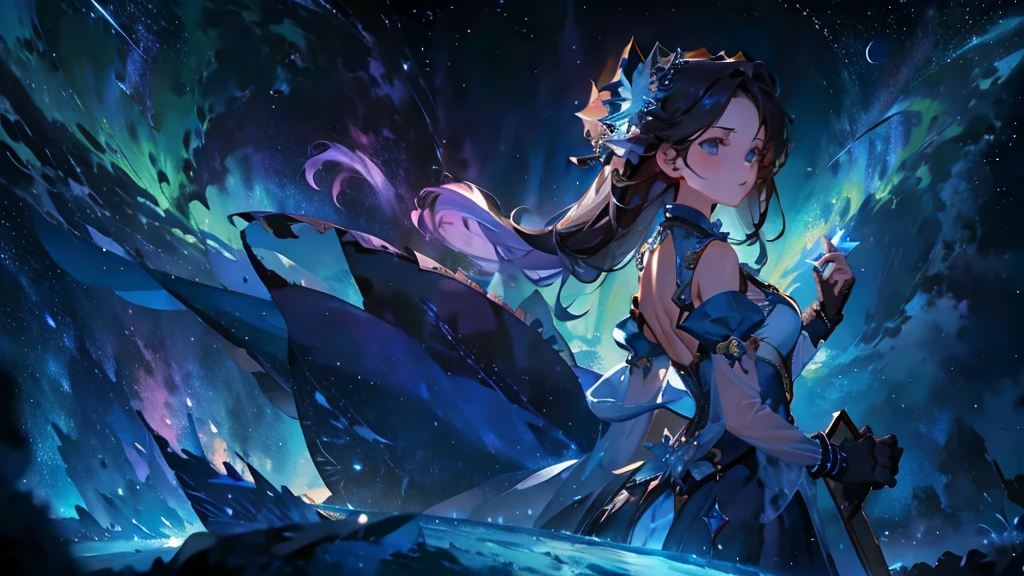 8K resolution, masterpiece, Highest quality, Award-winning works, unrealistic, sole sexy lady, healthy shaped body, elegant, white wavy long hair, hair band, big firm bouncing bust, Royal Jewel, nature, Symmetric, A fighting girl gazing at the stars (Zoom out: 1.1), (Meteors: 1.2), (comet:1.1), cloud, colorful, starry, stars your name, Alolan Volaris Shooting Star, Low angle, From the back, cloud, colorful, Starry Sky, Fantasy, Unreal 5, Surreal, Dynamic Lighting, Complex colors, detailed face, detailed Beauty, long_sleeves, gloves, dress, cleavage, black_gloves, see_through puffy_sleeves, black_thighhighs, clothing_cutout, cleavage_cutout, vambraces,