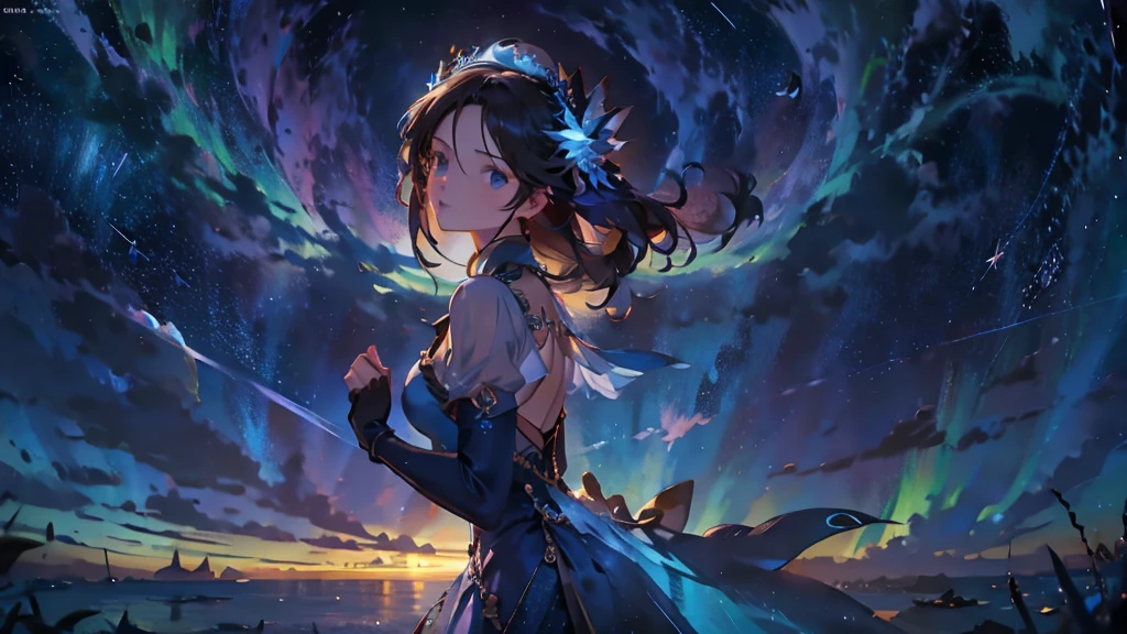 8K resolution, masterpiece, Highest quality, Award-winning works, unrealistic, sole sexy lady, healthy shaped body, elegant, white wavy long hair, hair band, big firm bouncing bust, Royal Jewel, nature, Symmetric, A fighting girl gazing at the stars (Zoom out: 1.1), (Meteors: 1.2), (comet:1.1), cloud, colorful, starry, stars your name, Alolan Volaris Shooting Star, Low angle, From the back, cloud, colorful, Starry Sky, Fantasy, Unreal 5, Surreal, Dynamic Lighting, Complex colors, detailed face, detailed Beauty, long_sleeves, gloves, dress, cleavage, black_gloves, see_through puffy_sleeves, black_thighhighs, clothing_cutout, cleavage_cutout, vambraces,
