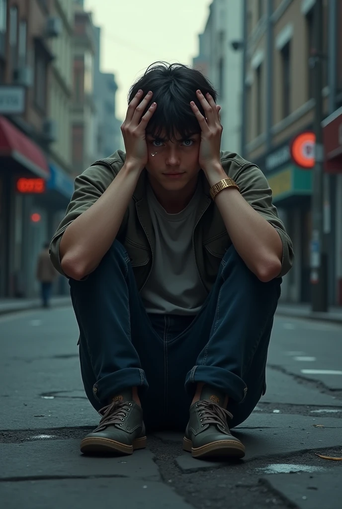 A boy is sitting upset. She is crying sitting on the street with her hands on her head. The boy's eyes are red. The boy is 20 years old.