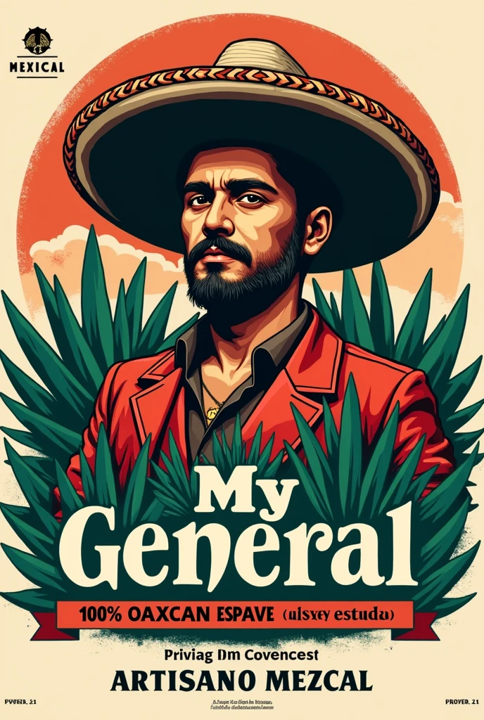 Mezcal logo, let it be called "My general" and is accompanied by an image of Emiliano Zapata with a large Mexican palm hat. Some magueys and the legend of artisanal mezcal 100% Oaxacan agave espadin. 
Tetecala, Morelos.