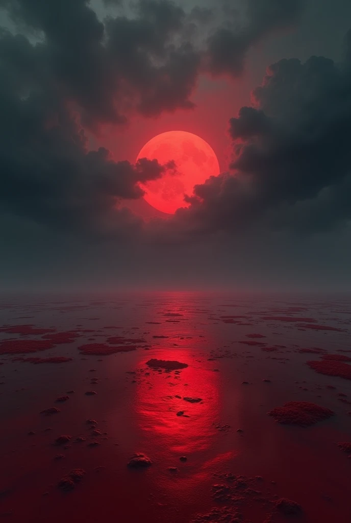 A sea of blood, with nothing on the horizon but clouds bringing rain and a red moon to illuminate
