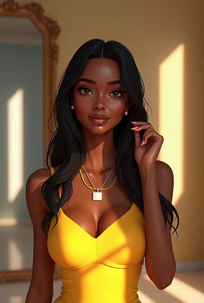 a young woman is in the spotlight. She has dark skin and straight hair., dark, that are loose. She wears soft, well-done makeup., with defined eyebrows, long eyelashes and a nude lipstick. The woman is wearing a vibrant yellow dress and a delicate necklace with a square pendant.. She has one hand raised, lightly touching your hair. The surrounding environment appears to be an indoor space, maybe a hall, with mirrors in the background that reflect part of the place. Her expression is serene and confident..