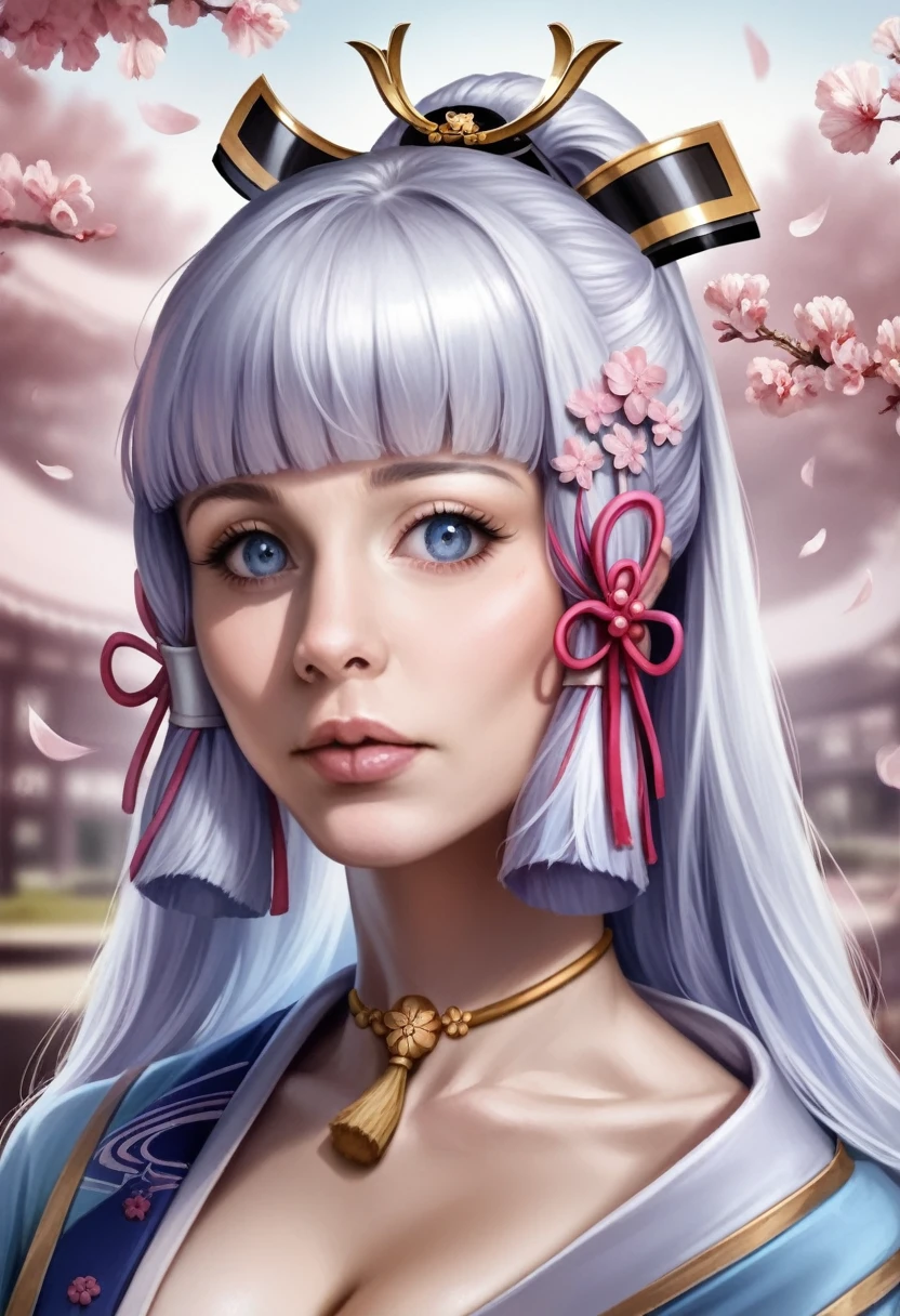 Kamisato ayaka, beautiful detailed eyes, beautiful detailed lips, extremely detailed eyes and face, long eyelashes, elegant kimono, serene expression, narrow waist, flowing hair, intricate hair ornaments, natural lighting, vibrant colors, cinematic composition, fantasy landscape, cherry blossoms, ornate architecture, (best quality,masterpiece:1.2),ultra-detailed,(realistic,photorealistic,photo-realistic:1.37)