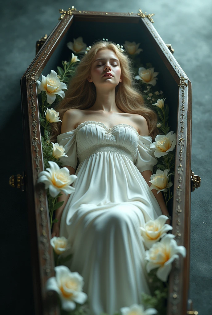 Beautiful girl in a coffin looking like an angel 
