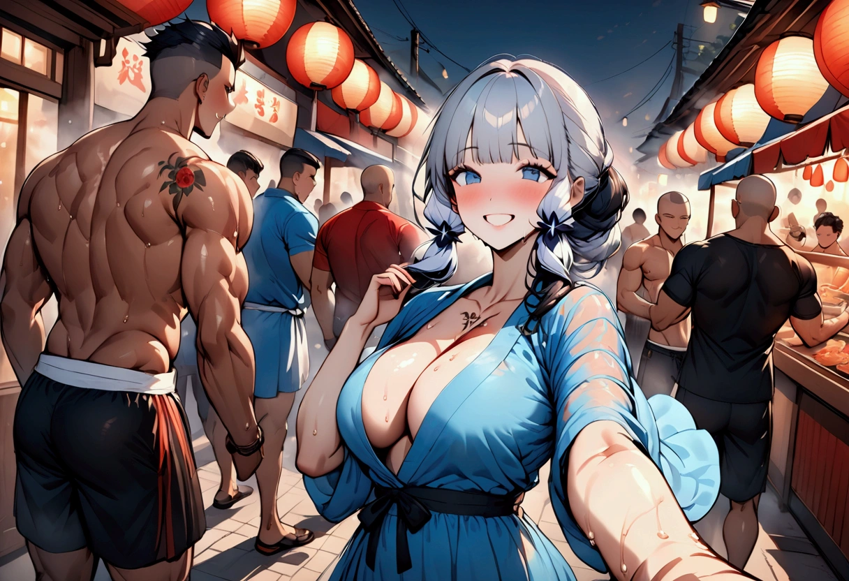 Highest quality、masterpiece、(muscular male:1.2)、(father:0.5)、Shaved head、Short Hair、Sports haircut、short hair、Black Hair、Blonde、Gray Hair、Red hair、Blue Hair、(sweat:1.3)、(steam:1.1)、4boys、Ultra wide angle、Summer Festival at Night、Jinbei、nipple piercing、tattoo on chest、tattoo on leg、Smiling shyly、ass pov