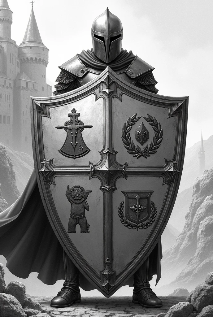 Create a shield that has images that represent the values of respect, Loyalty, justice, honesty, solidarity and responsibility in drawing mode
