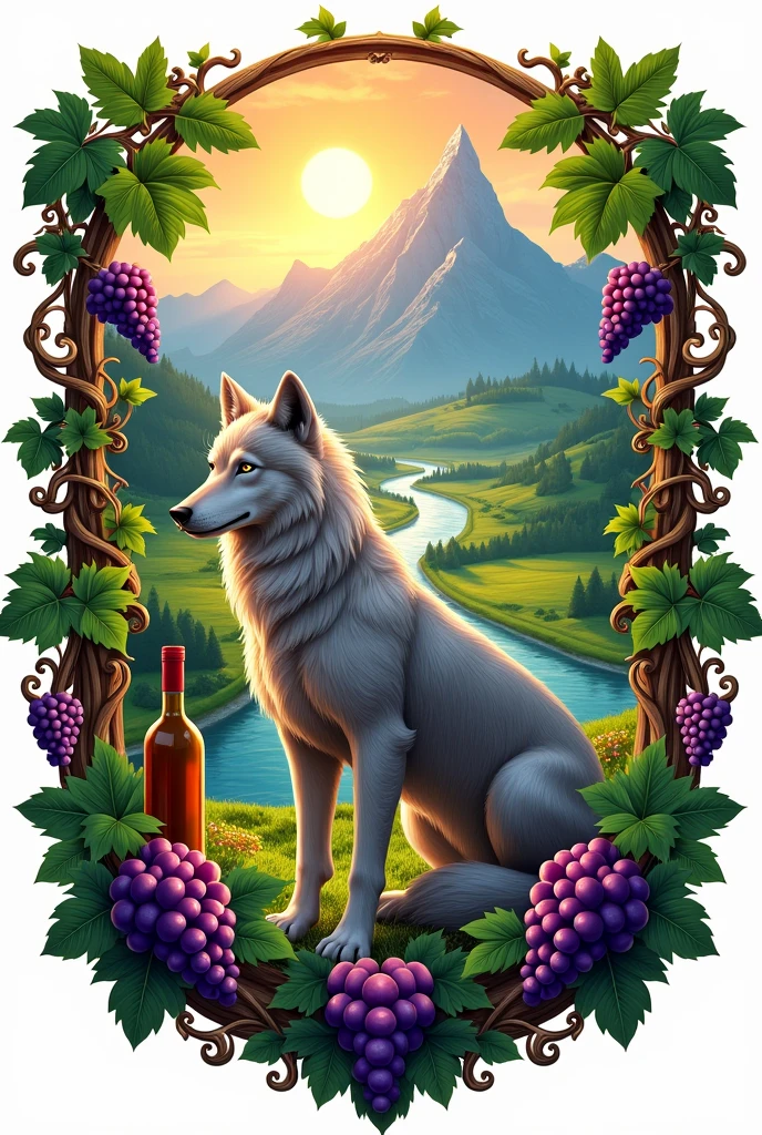 Make coat of arms of village. Make it with symbol of wolf, sun shines, river and field with mountain in background, wine, 