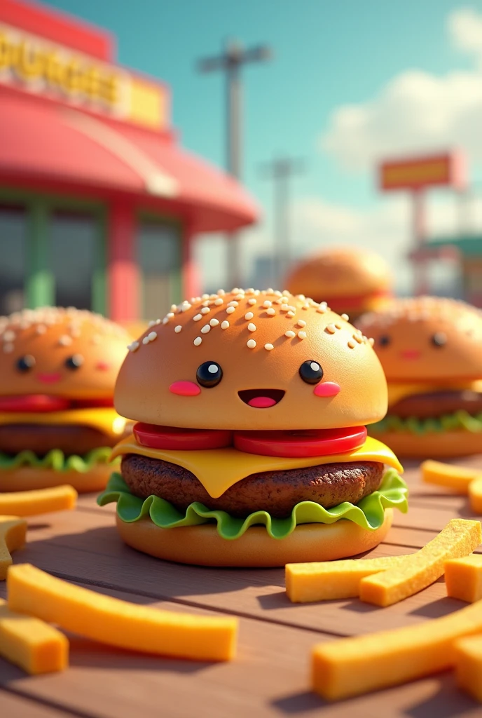 REALISTIC CARTOON IMAGES OF HAMBURGERS AND FRIES