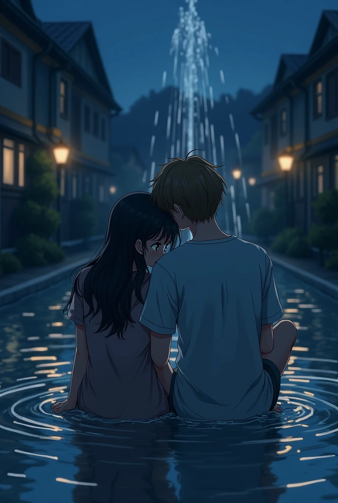 Make me an anime-like image with a girl with dark, wavy hair, crying on the shoulder of a boy with brown hair and light eyes he is comforting her and both are sitting in a water fountain with houses around them lonely and at night, with lights around it similar to a story for a book cover