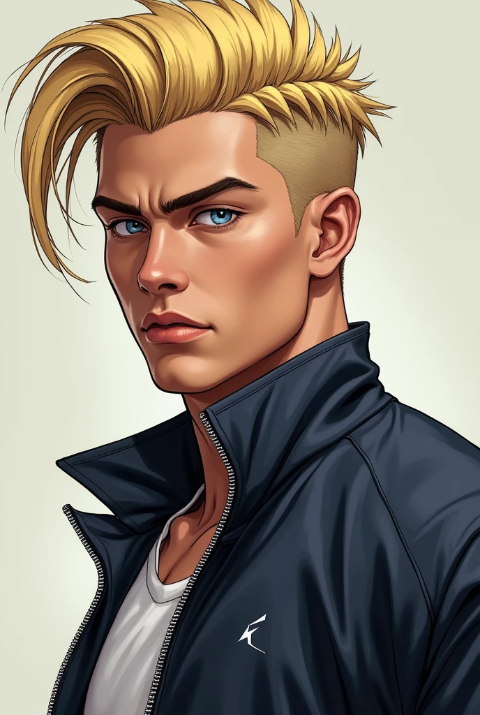 A boy of about 18 to 20 years old, blonde with blue eyes, straight hair with pompadour style cornrow, sports jacket, athletic and with a confident and aggressive look