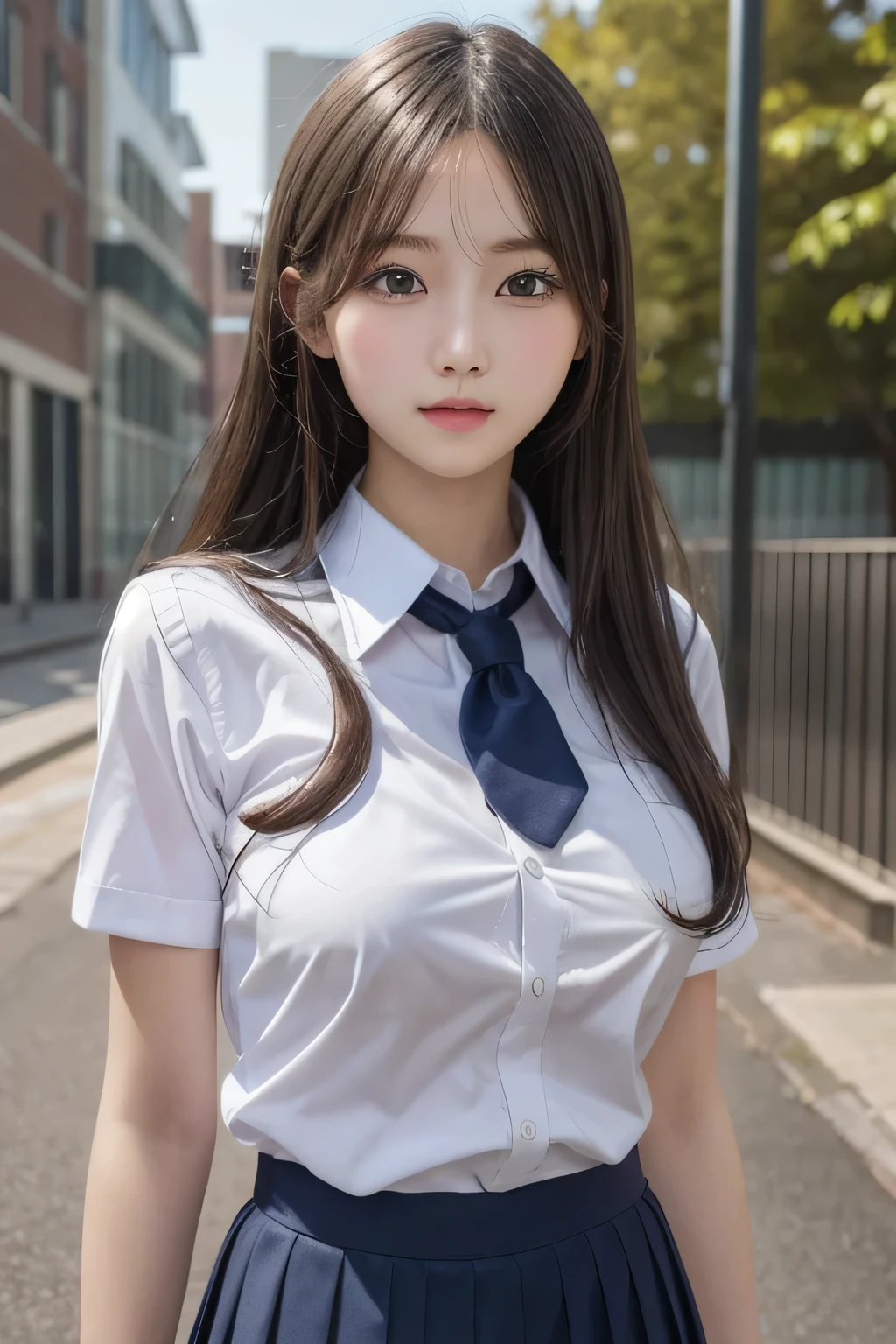 One Girl, 1 person,Highest quality,High resolution,超High resolution,8k,Realistic,Upper Body,encounter_audience,Large Breasts, the body is slim,(School uniform:1.2),