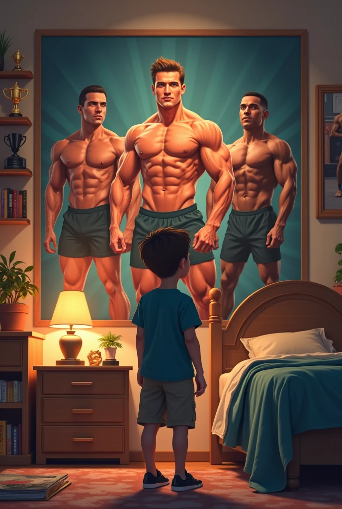 boy in his room looking at his trophies and pictures of bodybuilders like arnol cuban and ronnie coleman hanging on the wall 