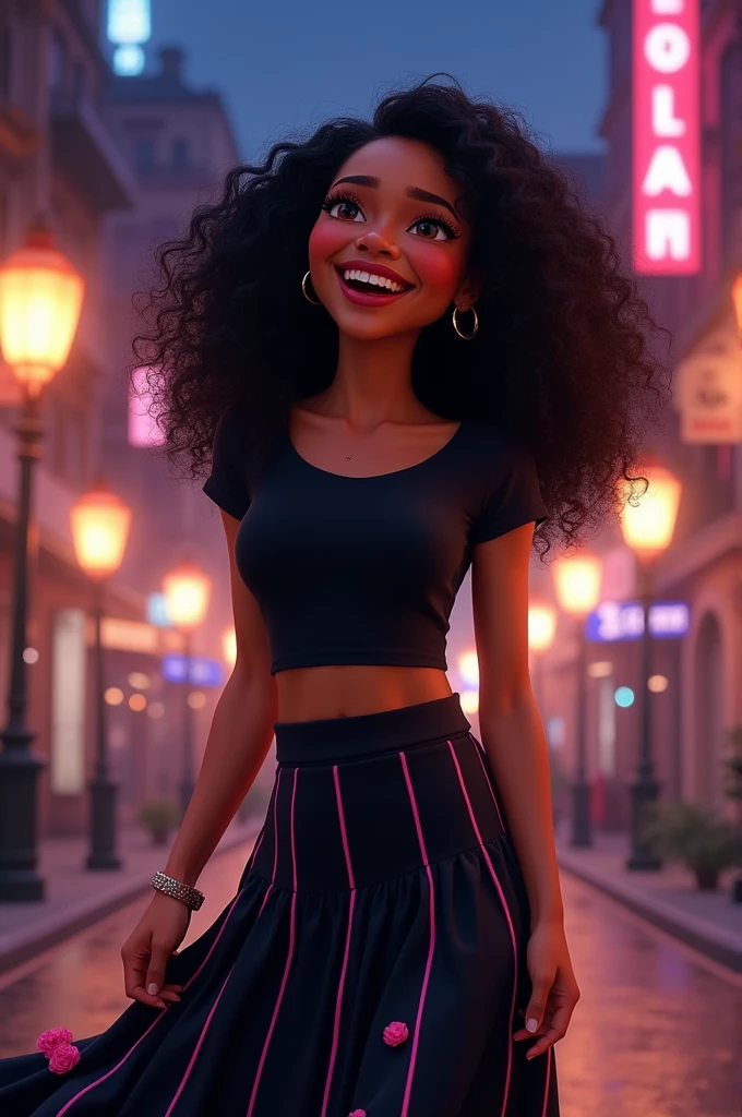 A woman with long, black curly hair, skin color loss, eyes browns, de camiseta preta, a long black skirt with 7 pink lines and several pink roses on the edges, on a street at night and laughing out loud.
Disney Pixar image