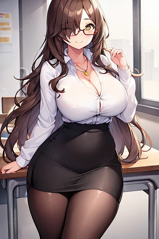 1girl, large breasts, thick thighs, brown hair, wavy hair, long hair, one eye covered, ((one eye covered)), hair over one eye, classroom, smile, pencil skirt, skirt, mature female, necklace, white shirt, shirt, pantyhose, teacher, glasses, red glasses, cleavage, hourglass figure, yellow eyes,
