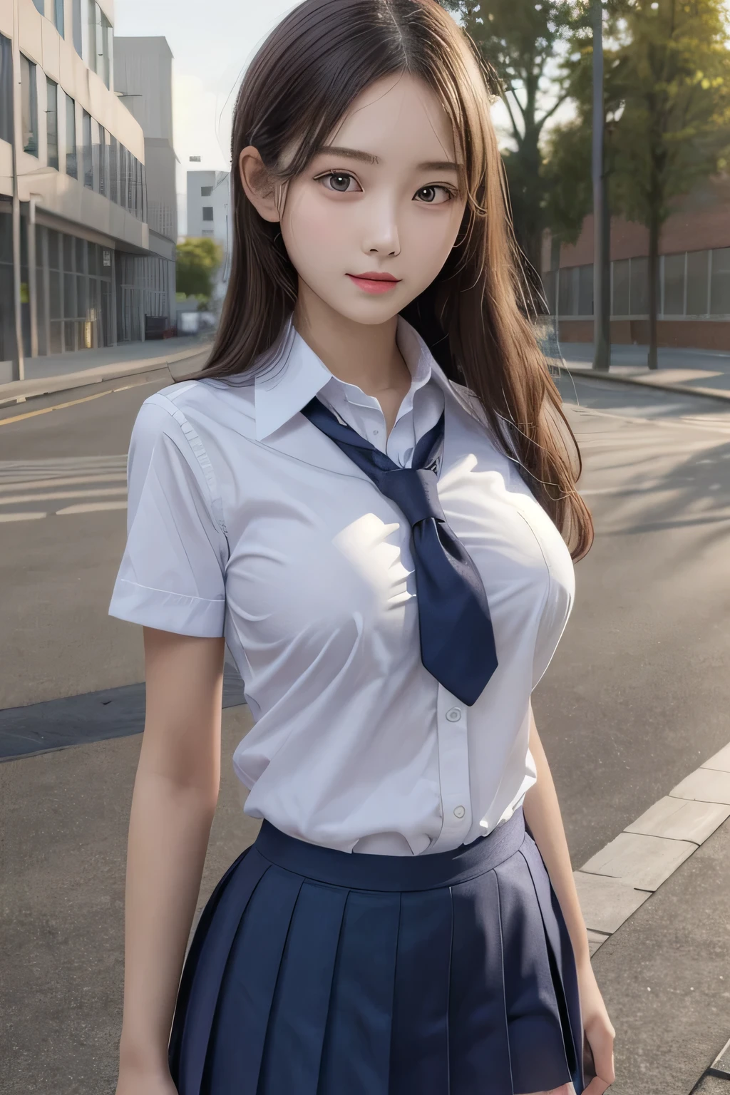 One Girl, 1 person,Highest quality,High resolution,超High resolution,8k,Realistic,Upper Body,encounter_audience,Large Breasts, the body is slim,(School uniform:1.2),