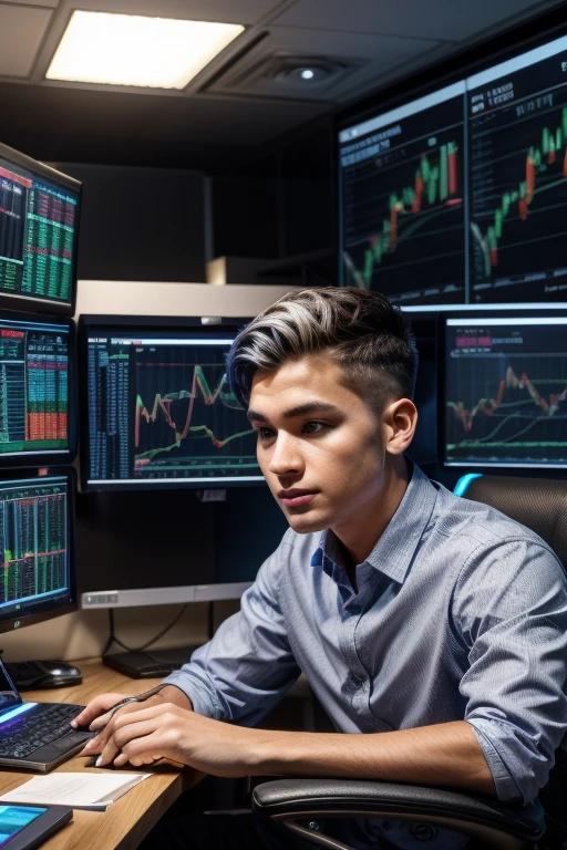 Create an image of a young man (around 30) in modern clothes, working enthusiastically at a high-tech office desk. The office should look futuristic with advanced computer screens showing financial market charts. Use modern, Technological themed colors like dark blue and silver with some vibrant highlights. Use a contemporary art style with clean lines and clear details. Show the young person as confident, determined, and passionate about the financial market. This image represents our innovative company focused on trading. Ensure it's high quality for marketing and social media.