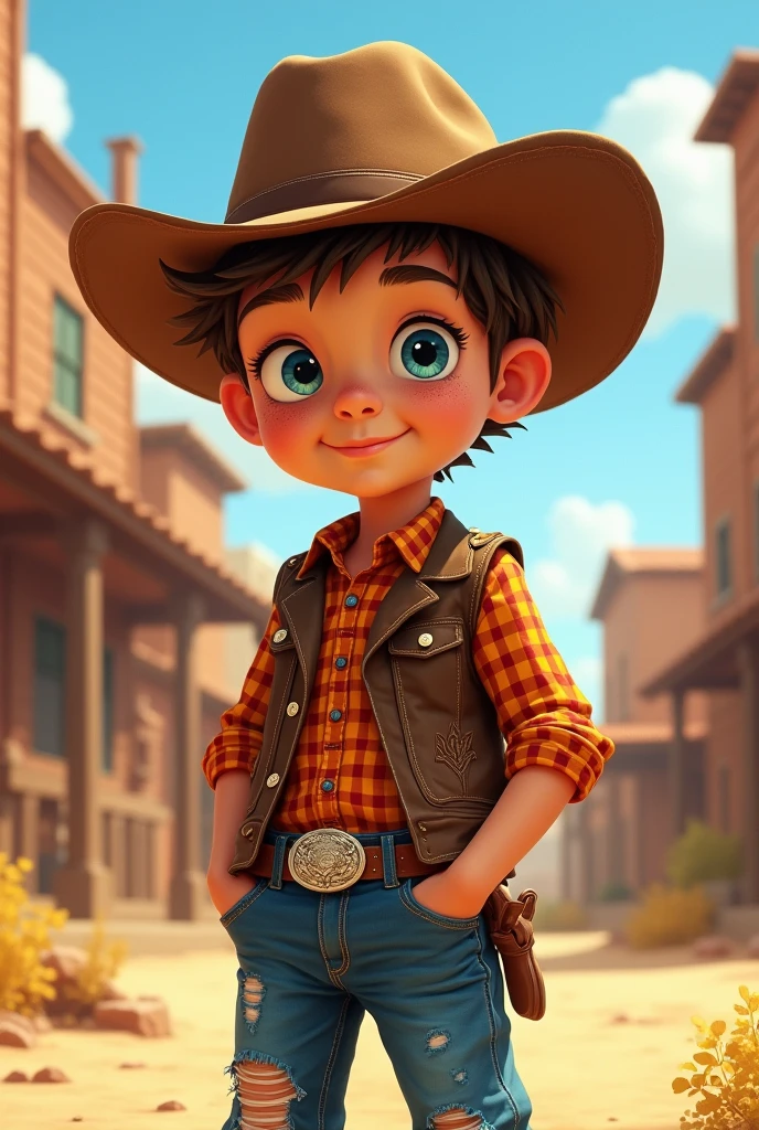 A drawing of a little Brazilian boy with fair skin and freckles, blue colored eyes, with messy light brown hair like he had just taken off his hat, in a western, wearing a brown leather vest, a little worn, red and black flannel shirt, With short sleeves, dark blue jeans slightly ripped at the knee, cowboy boots and a silver buckle