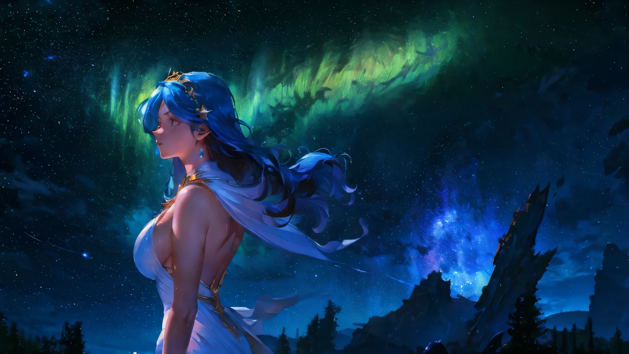 8K resolution, masterpiece, Highest quality, Award-winning works, unrealistic, sole sexy lady, healthy shaped body, elegant, white wavy long hair, hair band, big firm bouncing bust, Royal Jewel, nature, Symmetric, A fighting girl gazing at the stars (Zoom out: 1.1), (Meteors: 1.2), (comet:1.1),  your name, Alolan Volaris Shooting Star, Low angle, From the back, cloud, colorful, Starry Sky, Fantasy, Unreal 5, Surreal, Dynamic Lighting, Complex colors, detailed face, detailed Beauty,
