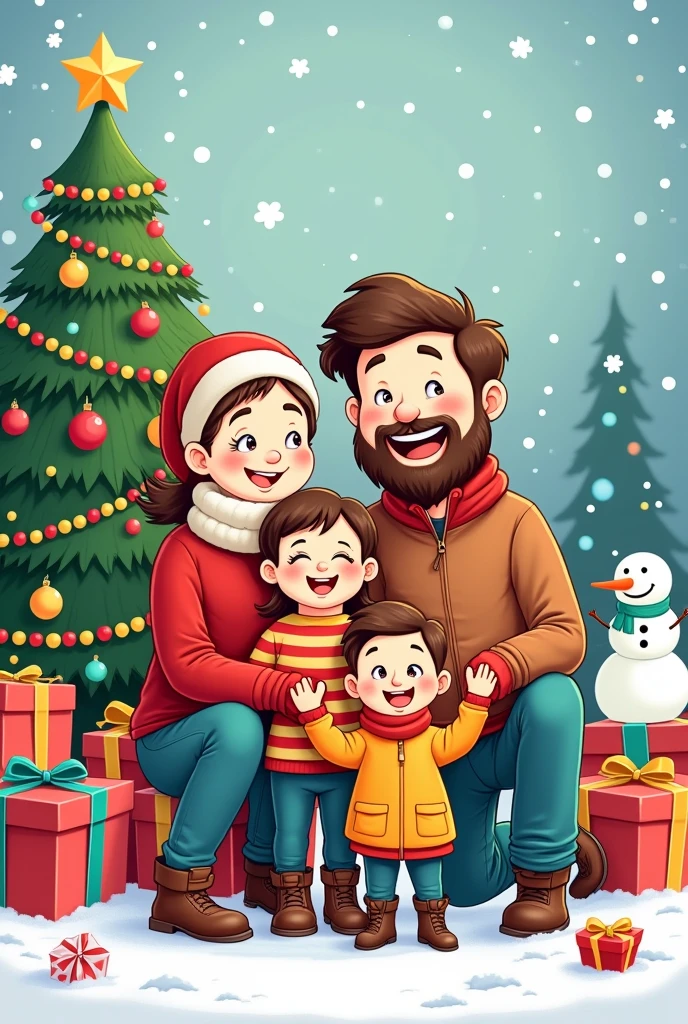 Draw a happy family at Christmas on Tyraz Line Art Cartoon Drawing High quality and detailed, behind them the Christmas tree and the gift and their body is completely clear in the picture with the addition of the snowman, all the elements are clearly and completely shown, all the elements are clear and complete