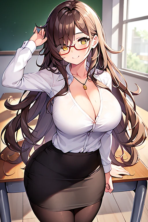 1girl, large breasts, thick thighs, brown hair, wavy hair, long hair, one eye covered, ((one eye covered)), hair over one eye, classroom, smile, pencil skirt, skirt, mature female, necklace, white shirt, shirt, pantyhose, teacher, glasses, red glasses, cleavage, hourglass figure, yellow eyes,