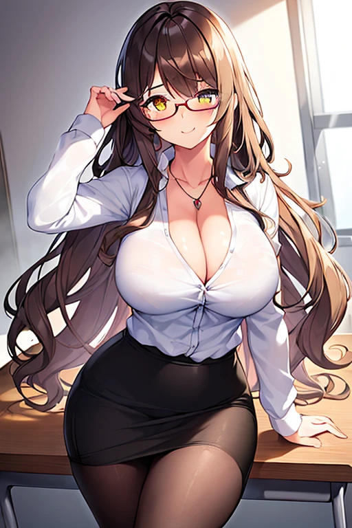 1girl, large breasts, thick thighs, brown hair, wavy hair, long hair, one eye covered, ((one eye covered)), hair over one eye, classroom, smile, pencil skirt, skirt, mature female, necklace, white shirt, shirt, pantyhose, teacher, glasses, red glasses, cleavage, hourglass figure, yellow eyes,