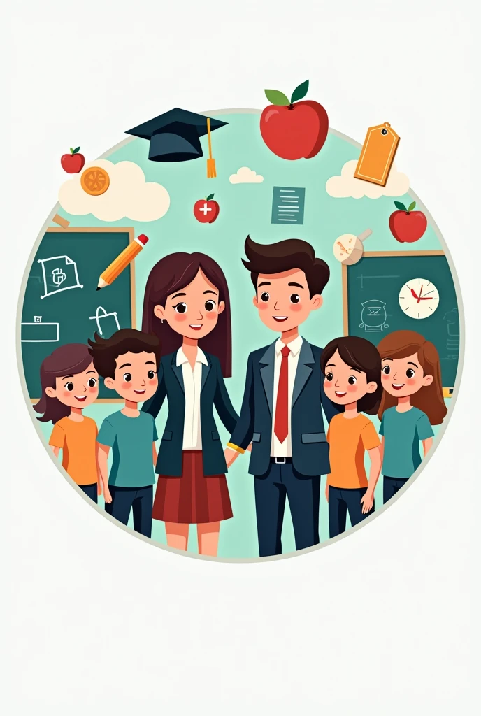 Sales logo on primary school educational materials and planning with educational symbols with a female teacher and a male teacher , formal wear, in suits and blackboards and students, IN THE SHAPE OF A CIRCLE, with cartoon design