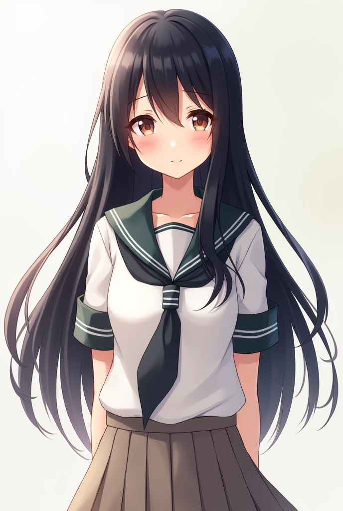 The girl with black hair, smooth and long, in a schoolgirl outfit smiling kindly