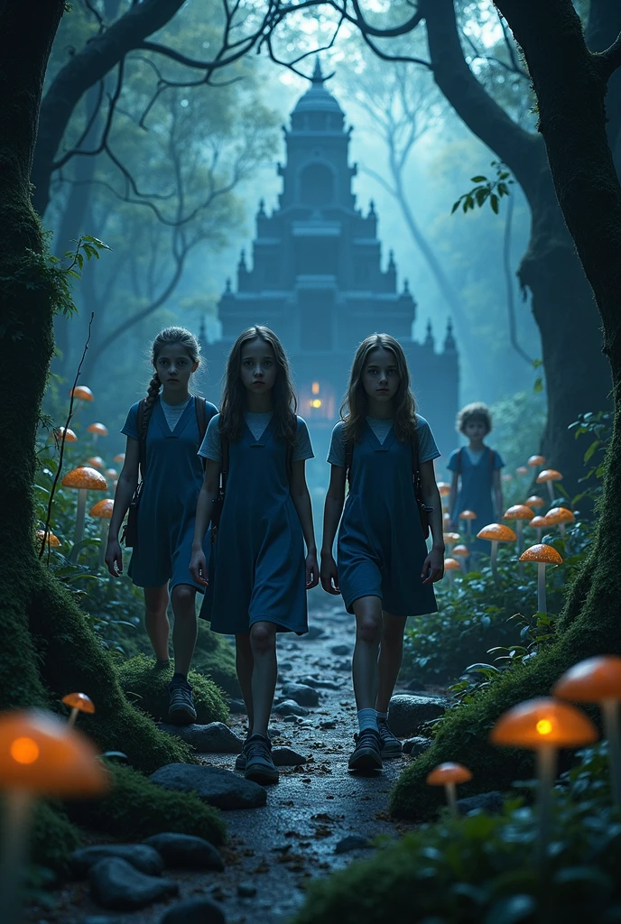 A cinematic medium shot of three teenagers - two girls and a boy - dressed in blue tabards, exploring a swamp at night near an ancient temple. The background is filled with intricate details, including moss-covered stones, twisted trees, and eerie mushrooms. The lighting is cinematic, with rim light backlighting and beautiful faces with piercing eyes.