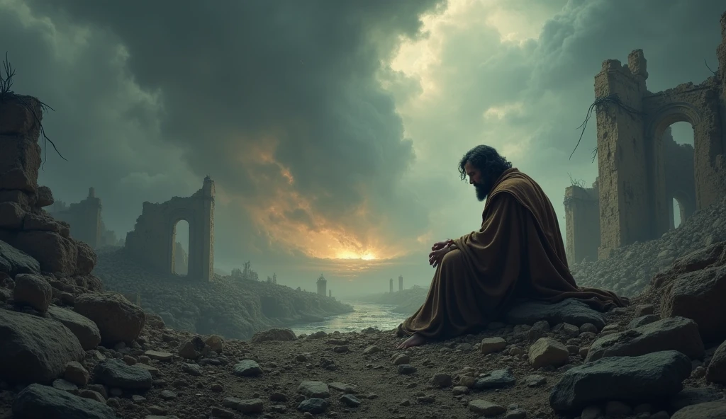 Depict a scene of devastation with Job sitting on the ground, surrounded by ruins and signs of loss. Show his expression of sorrow and suffering, with dark, tumultuous skies overhead to represent his trials."
