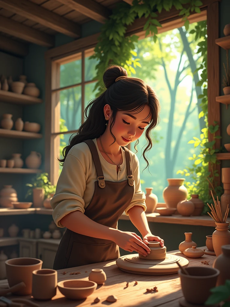 A talented young woman named Clara, in a small village surrounded by a dense forest, working in her pottery workshop.