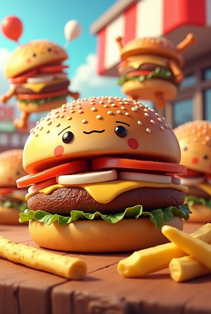 REALISTIC CARTOON IMAGES OF HAMBURGERS AND FRIES