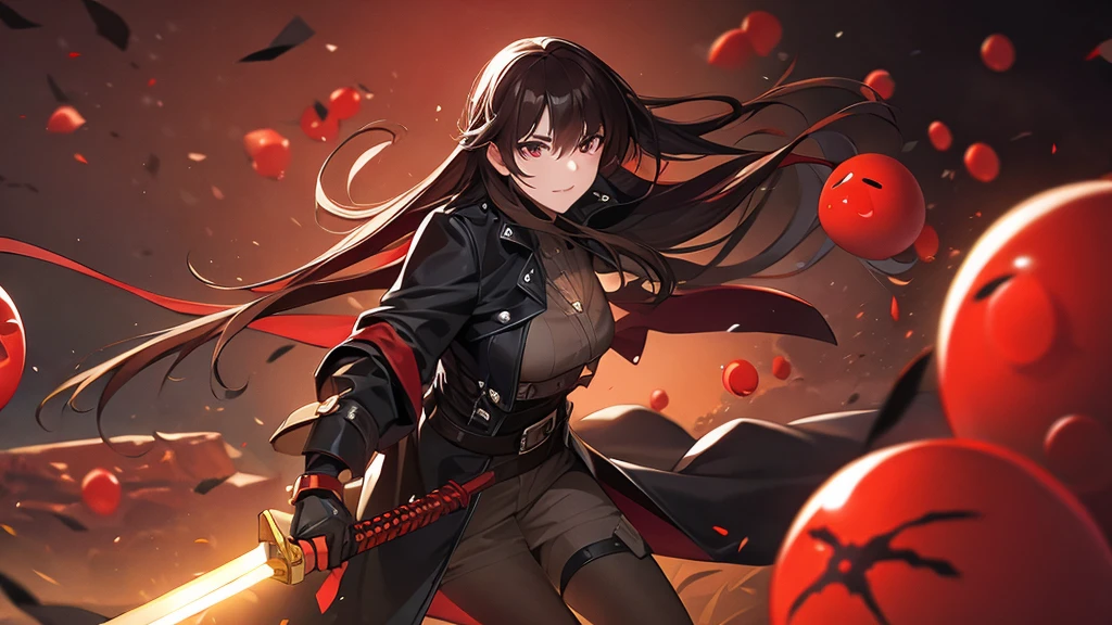 warrior wearing leather overcoat attacking red slimes with sword