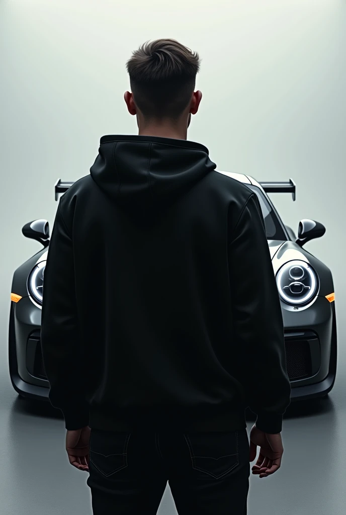 a man with his back turned and in front of him a porshe gt3 the man with a black hooded sweatshirt