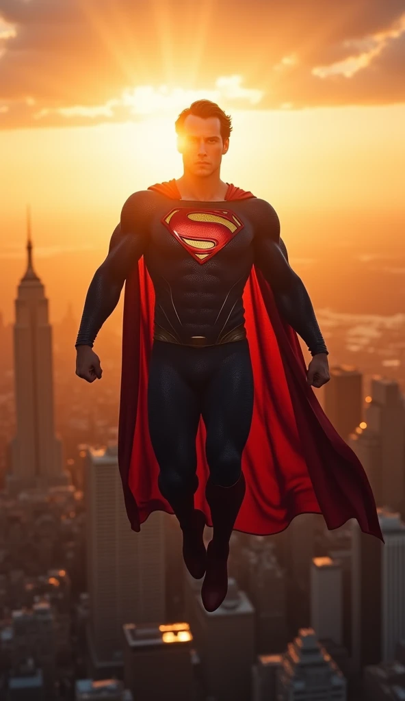 Superman flying over a city at sunset with a city in the background, Superman pose, Superman, Film still 8 k, Superman emerging from the sun, hot toys, Harry Cavill, high detailed 8k photography, Superman costume, high resolution 8k, super photorealistic, textlos, 8k render, cinematic shot!, highly detailed 8 k, high detailed 8k
