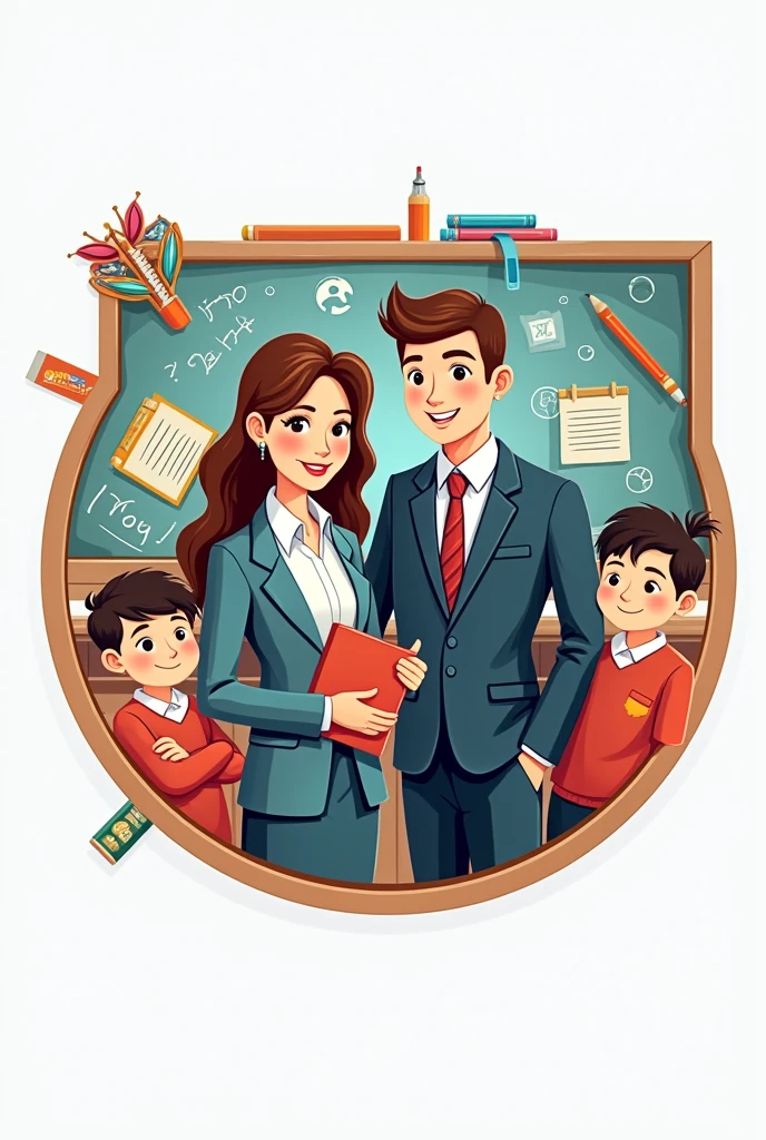 Sales logo on primary school educational materials and planning with educational symbols with a female teacher and a male teacher , formal wear, in suits and blackboards and students, IN THE SHAPE OF A CIRCLE, with cartoon design


