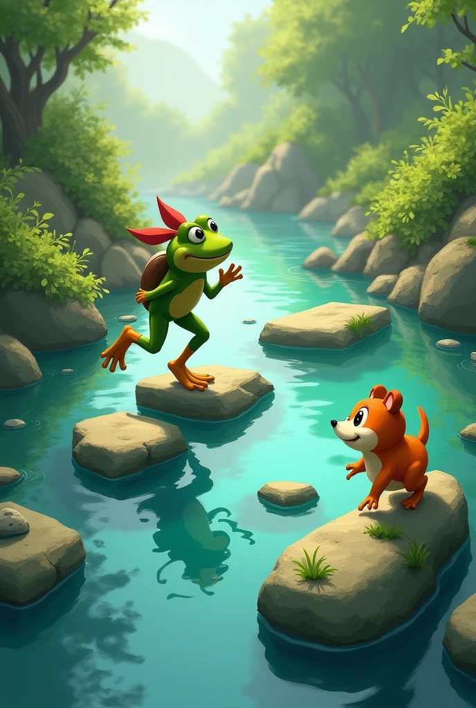 Tico took Lila to a crystal clear river.
—He jumps from stone to stone like a toad!