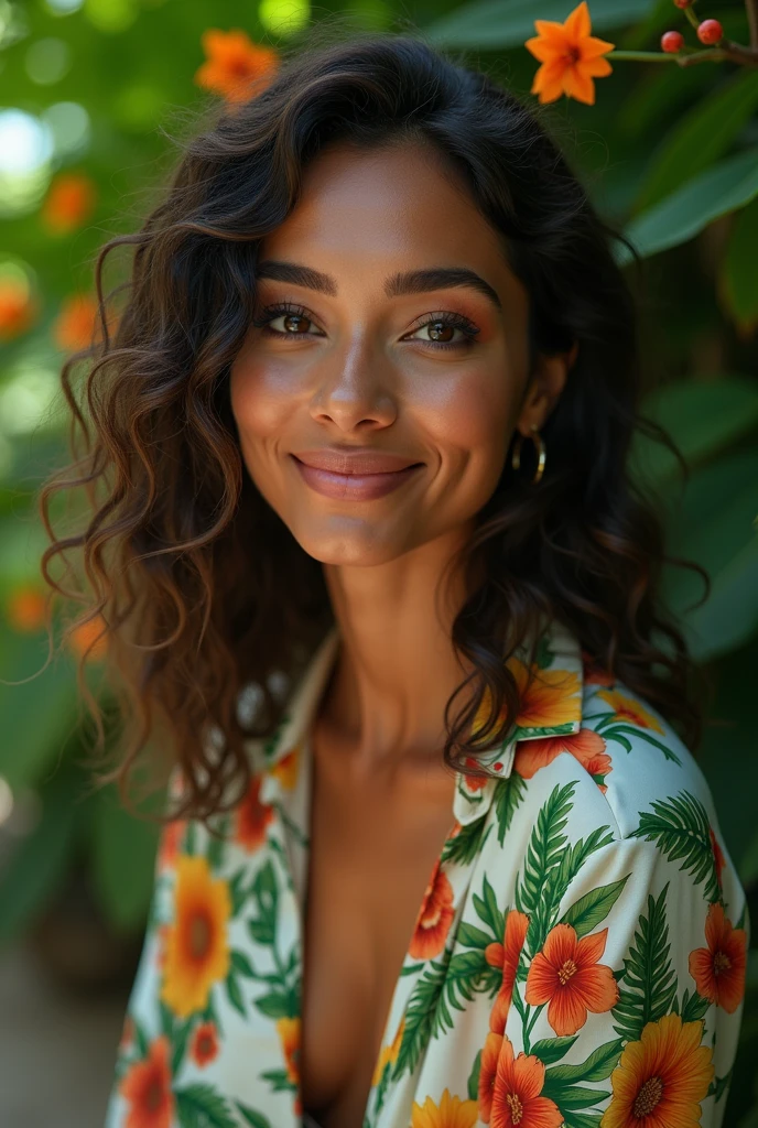 A Brazilian woman in a lush tropical garden, wearing an open shirt with a floral print, with a close-up capturing the harmonious beauty between her breasts and the natural flowers, showing off your natural charm and outgoing personality.