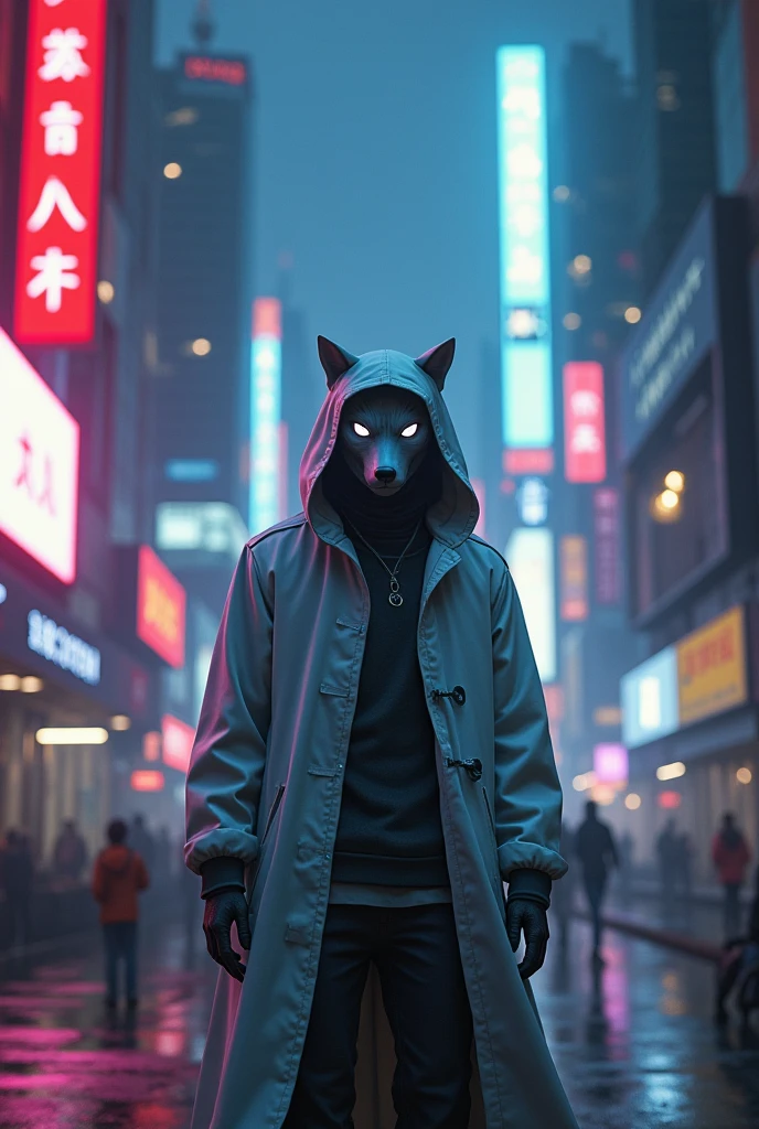 Lonely wolf wearing white hoodie and mask on cyberpunk city at night with city light